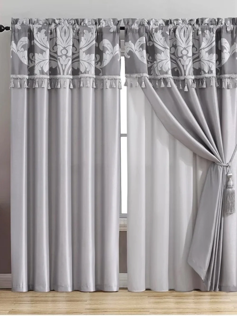 Elegant Gray Tassel Top Window Curtain Panel Set